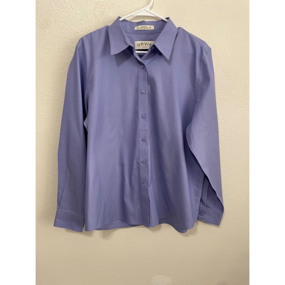Orvis Button Down Shirt Women 14 Blue Excellent Wrinkle Free Cotton Long Sleeve